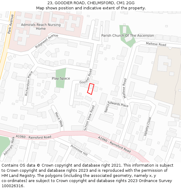 23, GOODIER ROAD, CHELMSFORD, CM1 2GG: Location map and indicative extent of plot