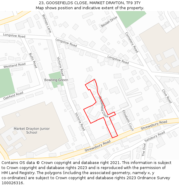 23, GOOSEFIELDS CLOSE, MARKET DRAYTON, TF9 3TY: Location map and indicative extent of plot