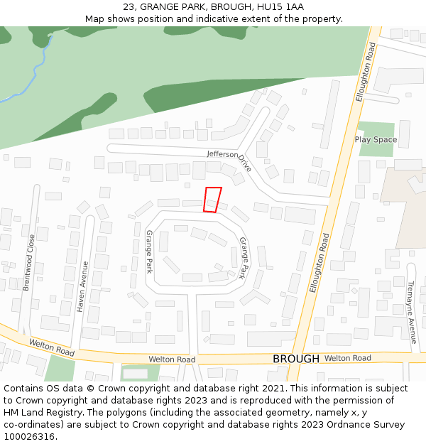 23, GRANGE PARK, BROUGH, HU15 1AA: Location map and indicative extent of plot