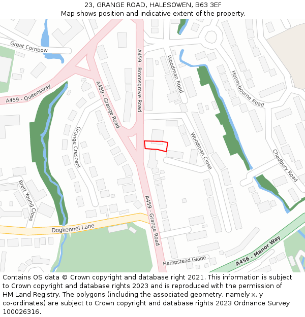 23, GRANGE ROAD, HALESOWEN, B63 3EF: Location map and indicative extent of plot
