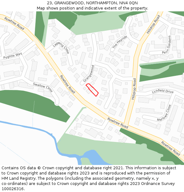 23, GRANGEWOOD, NORTHAMPTON, NN4 0QN: Location map and indicative extent of plot