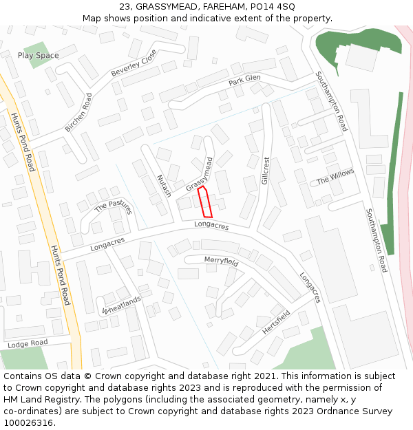 23, GRASSYMEAD, FAREHAM, PO14 4SQ: Location map and indicative extent of plot