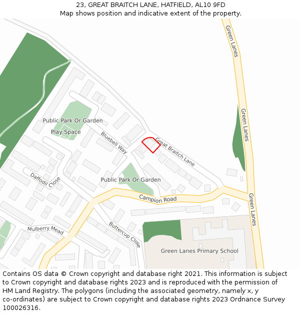 23, GREAT BRAITCH LANE, HATFIELD, AL10 9FD: Location map and indicative extent of plot