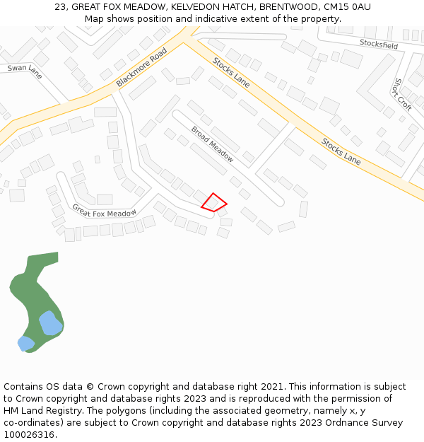 23, GREAT FOX MEADOW, KELVEDON HATCH, BRENTWOOD, CM15 0AU: Location map and indicative extent of plot