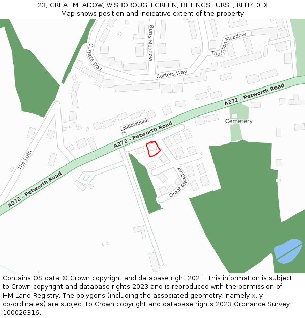 23, GREAT MEADOW, WISBOROUGH GREEN, BILLINGSHURST, RH14 0FX: Location map and indicative extent of plot