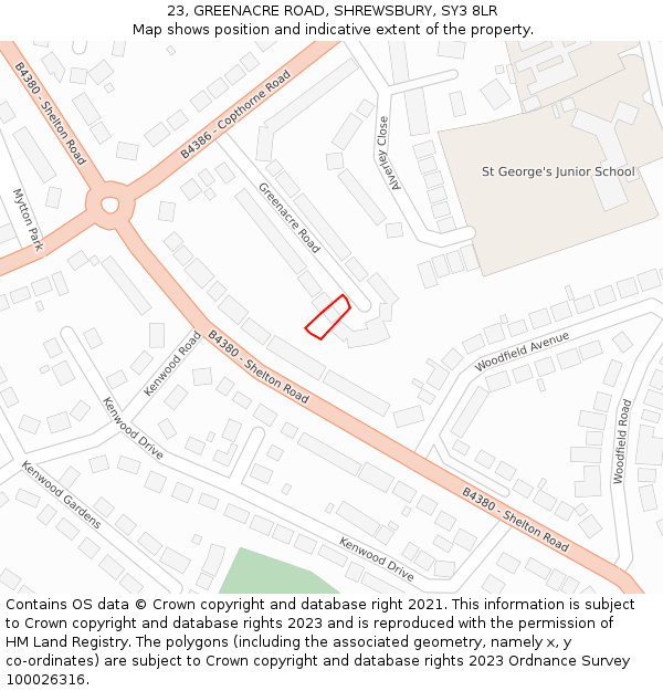 23, GREENACRE ROAD, SHREWSBURY, SY3 8LR: Location map and indicative extent of plot