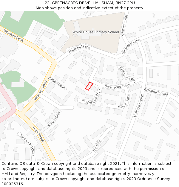 23, GREENACRES DRIVE, HAILSHAM, BN27 2PU: Location map and indicative extent of plot