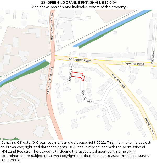 23, GREENING DRIVE, BIRMINGHAM, B15 2XA: Location map and indicative extent of plot