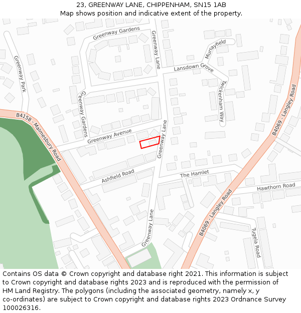 23, GREENWAY LANE, CHIPPENHAM, SN15 1AB: Location map and indicative extent of plot