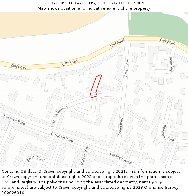 23, GRENVILLE GARDENS, BIRCHINGTON, CT7 9LA: Location map and indicative extent of plot