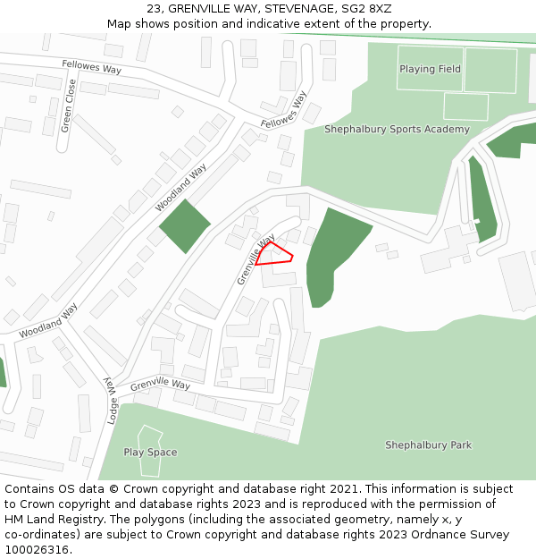 23, GRENVILLE WAY, STEVENAGE, SG2 8XZ: Location map and indicative extent of plot