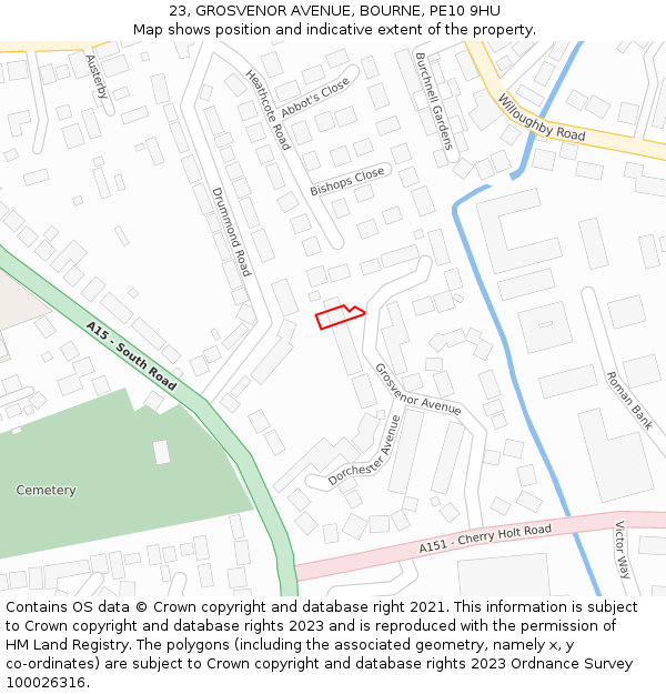23, GROSVENOR AVENUE, BOURNE, PE10 9HU: Location map and indicative extent of plot