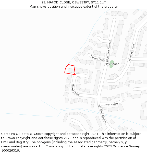 23, HAFOD CLOSE, OSWESTRY, SY11 1UT: Location map and indicative extent of plot