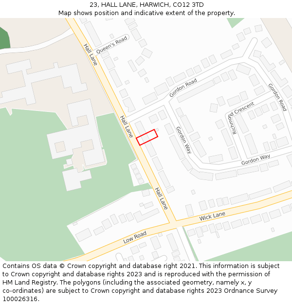 23, HALL LANE, HARWICH, CO12 3TD: Location map and indicative extent of plot