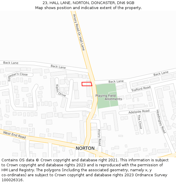 23, HALL LANE, NORTON, DONCASTER, DN6 9GB: Location map and indicative extent of plot