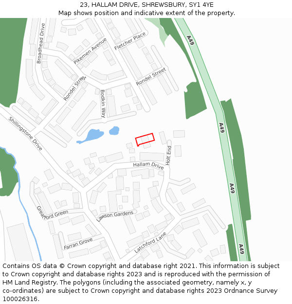 23, HALLAM DRIVE, SHREWSBURY, SY1 4YE: Location map and indicative extent of plot