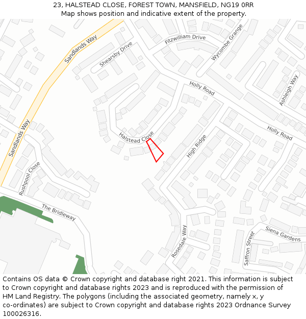 23, HALSTEAD CLOSE, FOREST TOWN, MANSFIELD, NG19 0RR: Location map and indicative extent of plot