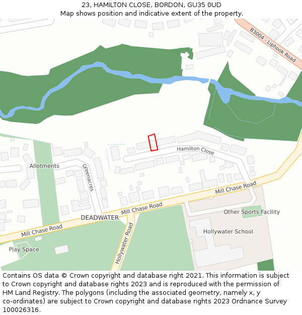 23, HAMILTON CLOSE, BORDON, GU35 0UD: Location map and indicative extent of plot