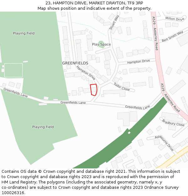 23, HAMPTON DRIVE, MARKET DRAYTON, TF9 3RP: Location map and indicative extent of plot