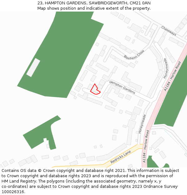 23, HAMPTON GARDENS, SAWBRIDGEWORTH, CM21 0AN: Location map and indicative extent of plot
