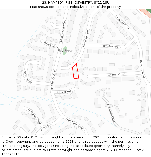23, HAMPTON RISE, OSWESTRY, SY11 1SU: Location map and indicative extent of plot