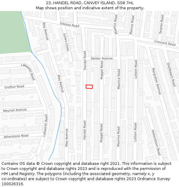 23, HANDEL ROAD, CANVEY ISLAND, SS8 7HL: Location map and indicative extent of plot