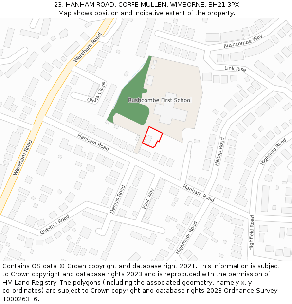 23, HANHAM ROAD, CORFE MULLEN, WIMBORNE, BH21 3PX: Location map and indicative extent of plot