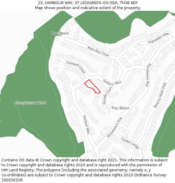 23, HARBOUR WAY, ST LEONARDS-ON-SEA, TN38 8EP: Location map and indicative extent of plot