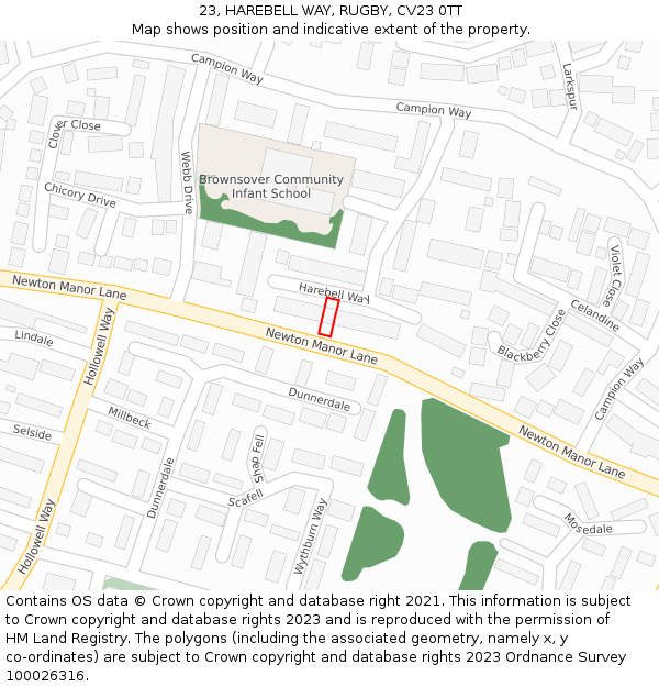 23, HAREBELL WAY, RUGBY, CV23 0TT: Location map and indicative extent of plot