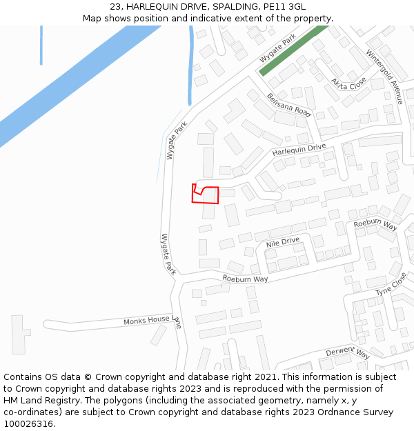 23, HARLEQUIN DRIVE, SPALDING, PE11 3GL: Location map and indicative extent of plot