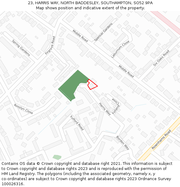 23, HARRIS WAY, NORTH BADDESLEY, SOUTHAMPTON, SO52 9PA: Location map and indicative extent of plot