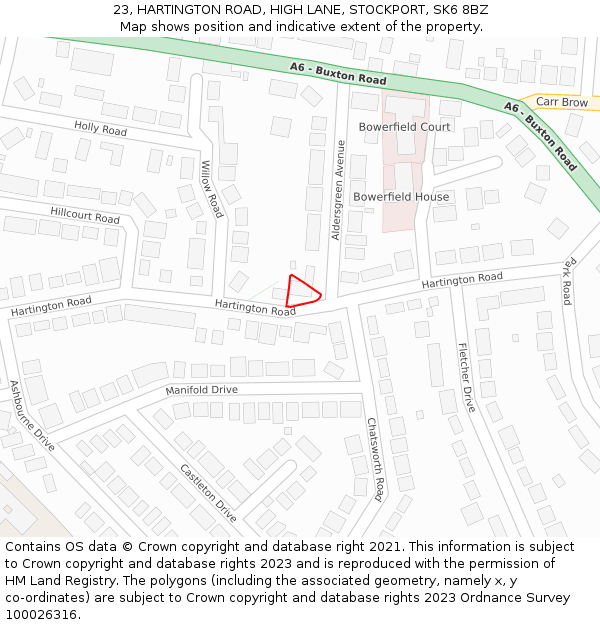 23, HARTINGTON ROAD, HIGH LANE, STOCKPORT, SK6 8BZ: Location map and indicative extent of plot