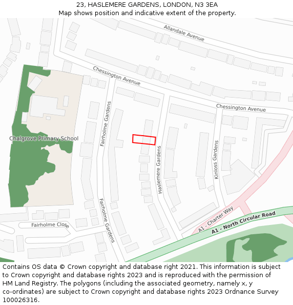 23, HASLEMERE GARDENS, LONDON, N3 3EA: Location map and indicative extent of plot