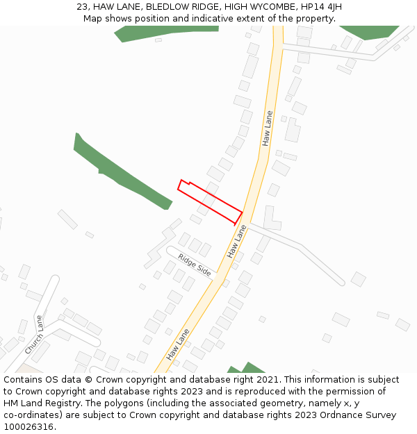 23, HAW LANE, BLEDLOW RIDGE, HIGH WYCOMBE, HP14 4JH: Location map and indicative extent of plot