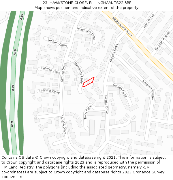 23, HAWKSTONE CLOSE, BILLINGHAM, TS22 5RF: Location map and indicative extent of plot