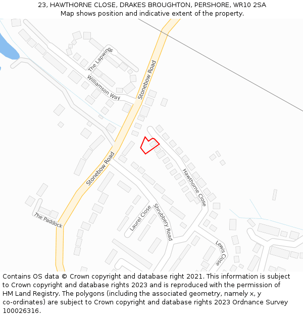 23, HAWTHORNE CLOSE, DRAKES BROUGHTON, PERSHORE, WR10 2SA: Location map and indicative extent of plot