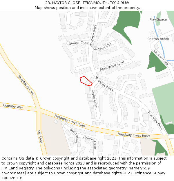 23, HAYTOR CLOSE, TEIGNMOUTH, TQ14 9UW: Location map and indicative extent of plot