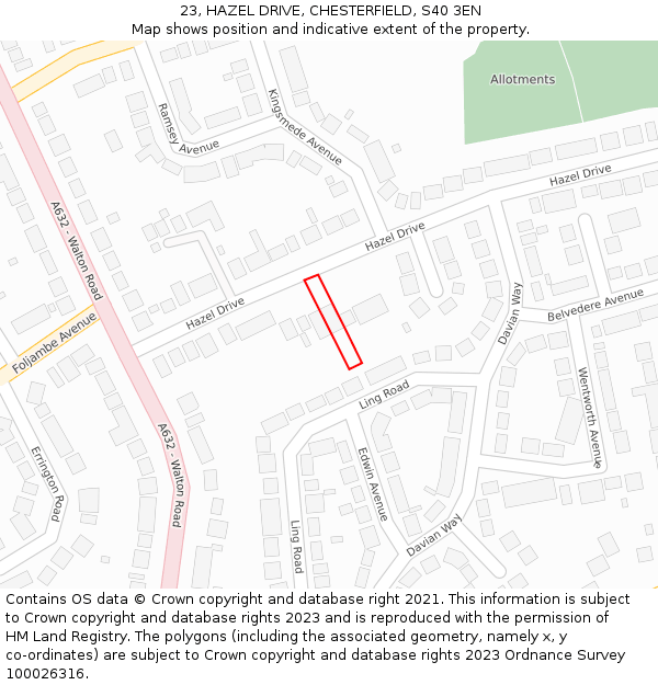 23, HAZEL DRIVE, CHESTERFIELD, S40 3EN: Location map and indicative extent of plot