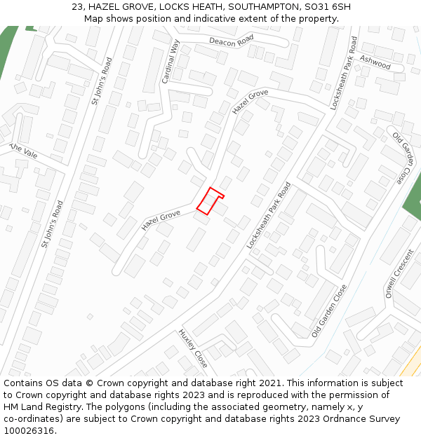 23, HAZEL GROVE, LOCKS HEATH, SOUTHAMPTON, SO31 6SH: Location map and indicative extent of plot