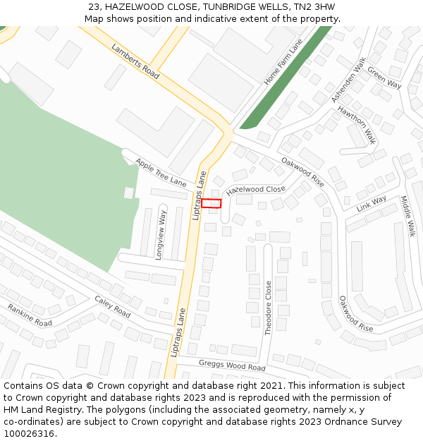 23, HAZELWOOD CLOSE, TUNBRIDGE WELLS, TN2 3HW: Location map and indicative extent of plot