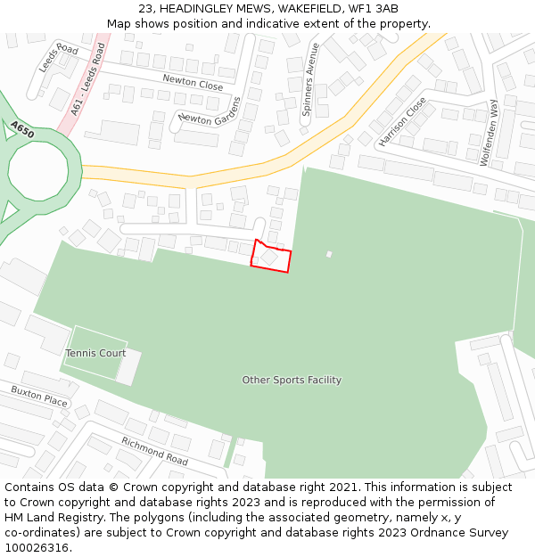 23, HEADINGLEY MEWS, WAKEFIELD, WF1 3AB: Location map and indicative extent of plot