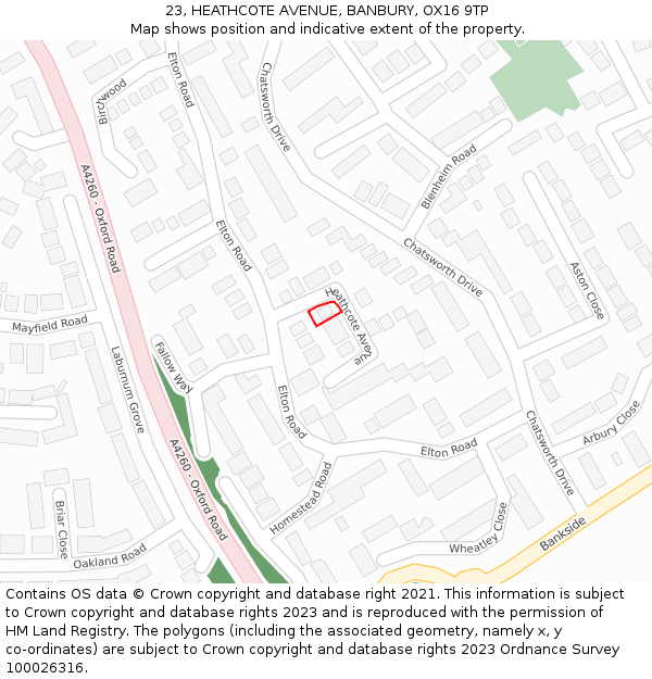 23, HEATHCOTE AVENUE, BANBURY, OX16 9TP: Location map and indicative extent of plot