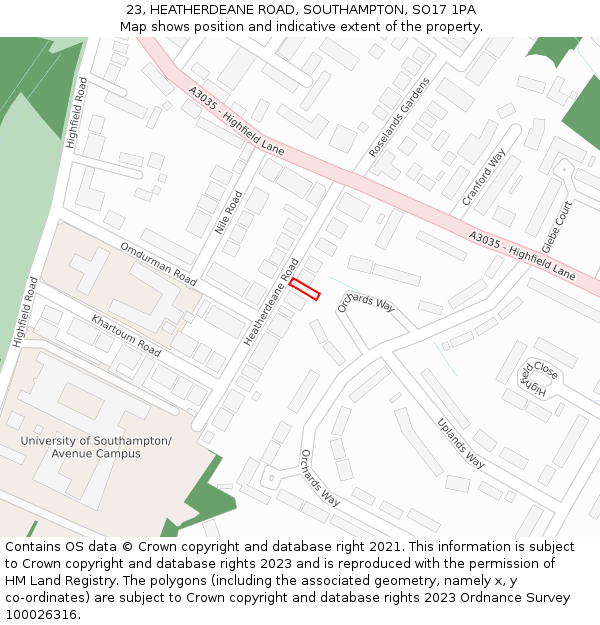 23, HEATHERDEANE ROAD, SOUTHAMPTON, SO17 1PA: Location map and indicative extent of plot