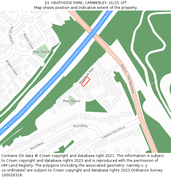 23, HEATHSIDE PARK, CAMBERLEY, GU15 1PT: Location map and indicative extent of plot