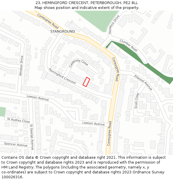 23, HEMINGFORD CRESCENT, PETERBOROUGH, PE2 8LL: Location map and indicative extent of plot
