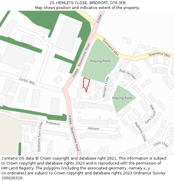 23, HEMLETS CLOSE, BRIDPORT, DT6 3FB: Location map and indicative extent of plot