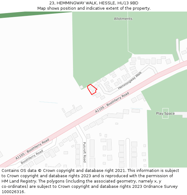 23, HEMMINGWAY WALK, HESSLE, HU13 9BD: Location map and indicative extent of plot