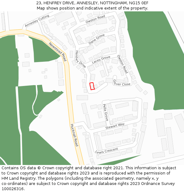 23, HENFREY DRIVE, ANNESLEY, NOTTINGHAM, NG15 0EF: Location map and indicative extent of plot