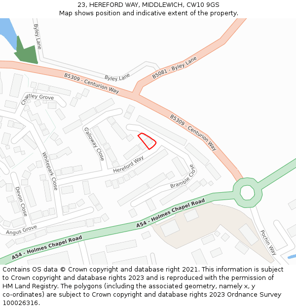 23, HEREFORD WAY, MIDDLEWICH, CW10 9GS: Location map and indicative extent of plot