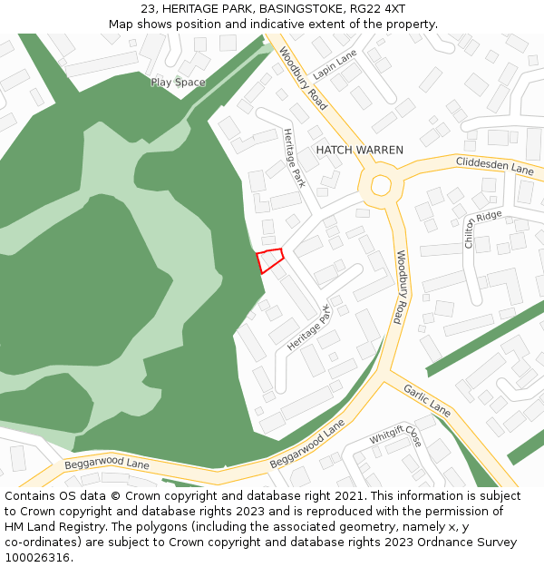 23, HERITAGE PARK, BASINGSTOKE, RG22 4XT: Location map and indicative extent of plot